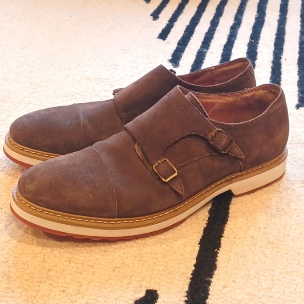 1901 Nordstrom Suede Double Monk Buckle Strap Shoes Brown Slip-on Men's 11M